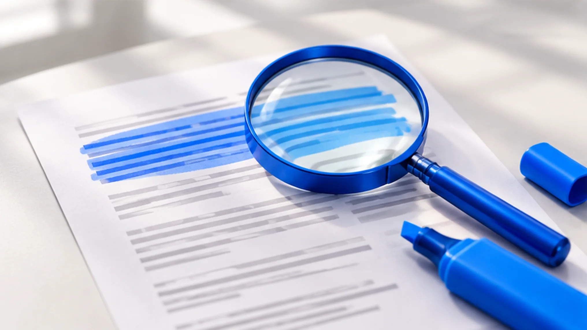 A printed article page with its first paragraph highlighted in blue, under a blue magnifying glass