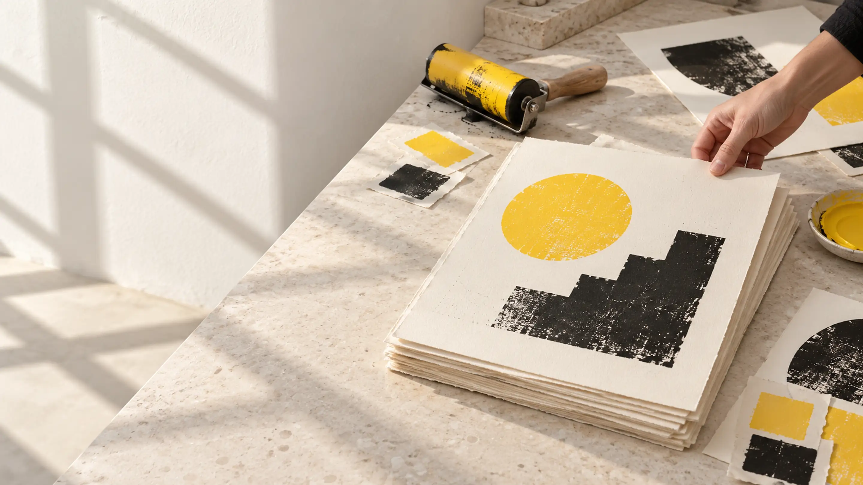 A studio worktable in morning light: a stack of freshly screen-printed cream sheets topped with a yellow disc and a stepped ink block, a yellow ink roller, loose colour swatches, and a hand lowering another sheet onto the pile