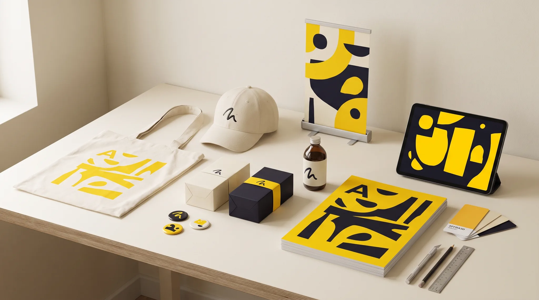 A design studio worktable with everything the studio makes: a printed tote bag, cap and enamel badges, folded product boxes and a labelled bottle, a stack of campaign posters, a miniature event backdrop, a tablet showing a motion frame, and colour swatches in yellow, cream and ink