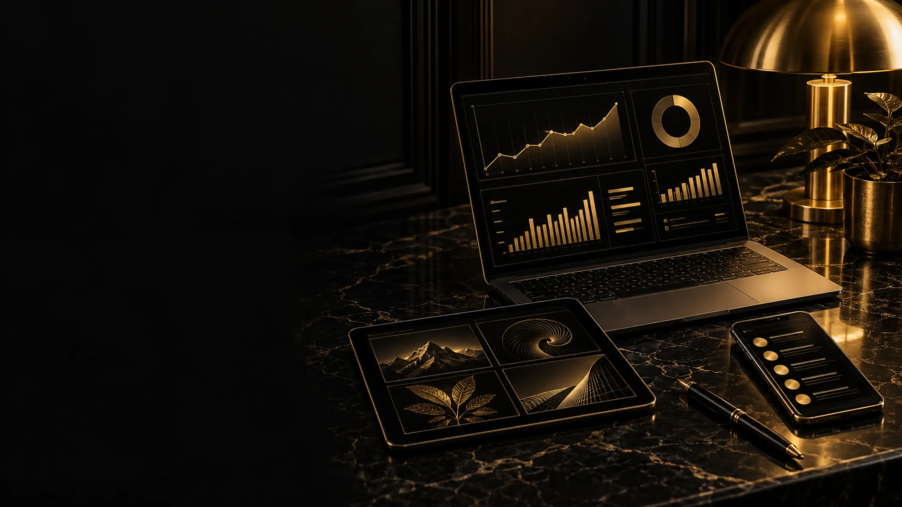 A dark marble desk lit in warm gold: a laptop showing a data dashboard, a tablet showing a four-panel content grid and a phone showing a list, with a brass lamp and a small plant behind them
