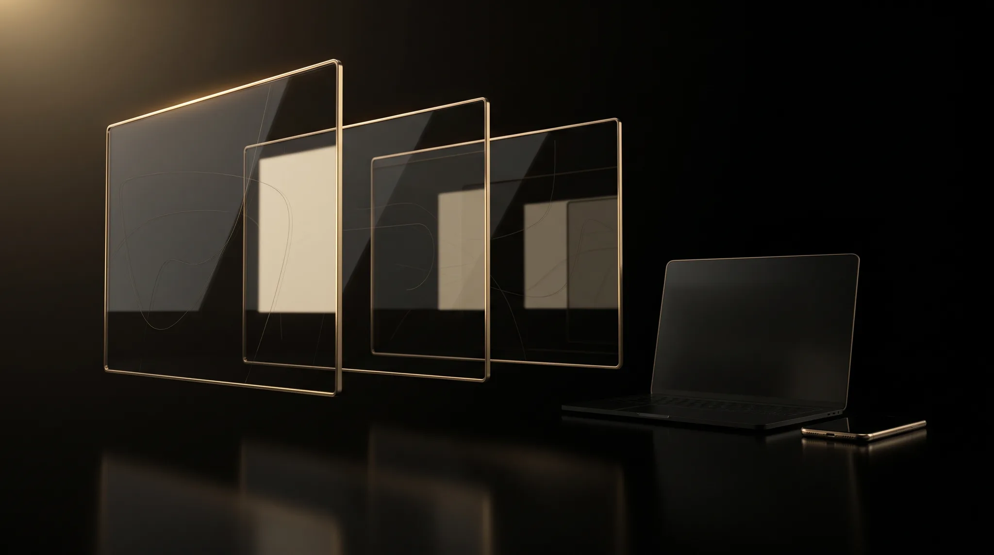 Dark glass interface panels floating in a black space with thin gold edges, beside the silhouettes of a laptop and a phone, lit by warm gold rim light