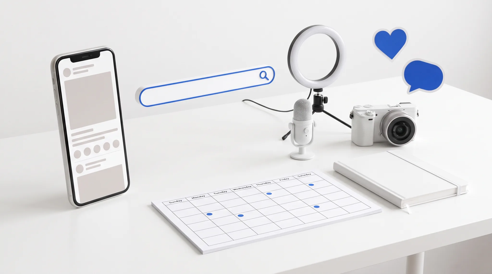 A bright white studio table with a phone showing a social feed layout, a search bar element, a ring light, microphone and small camera, a content calendar sheet and floating blue like-and-comment icons