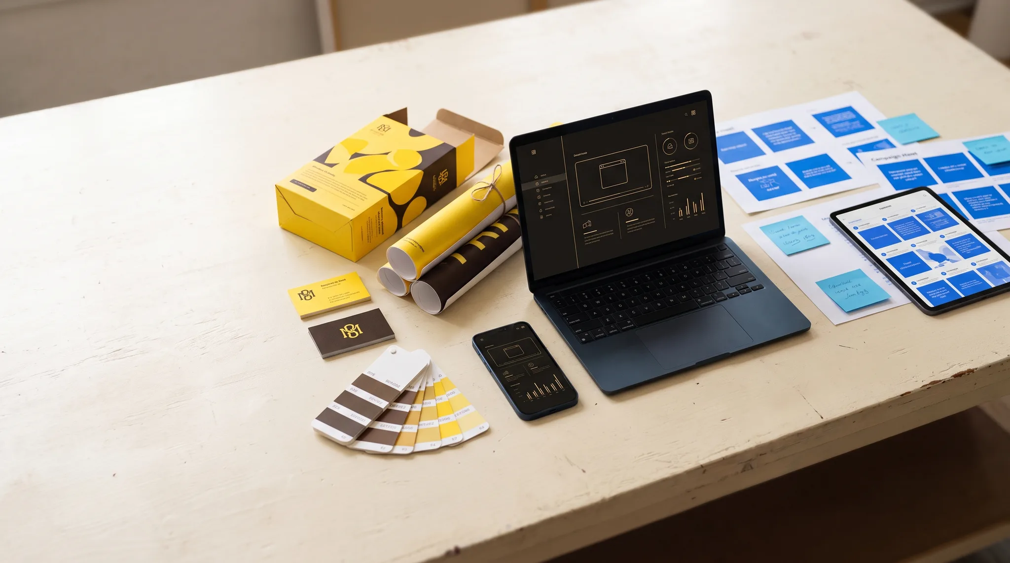 A cream studio worktable holding the output of all three lines together: brand collateral in yellow and ink on the left, a laptop and phone showing dark product interfaces with gold accents in the middle, and printed campaign sheets with a tablet of social posts in electric blue on the right