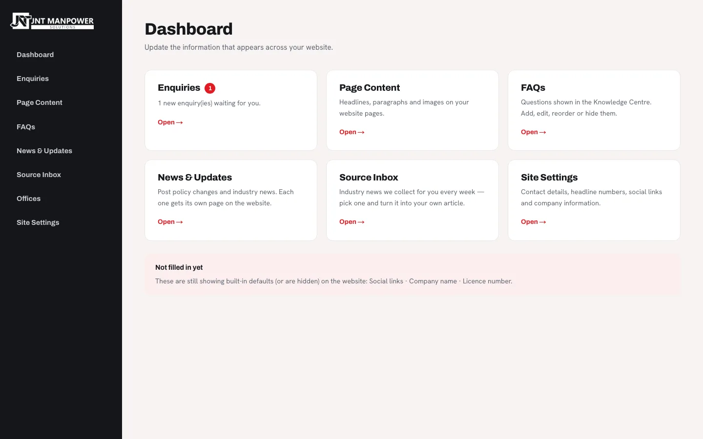 JNT Manpower — custom CMS dashboard: enquiries, page content, FAQs, news, offices, settings