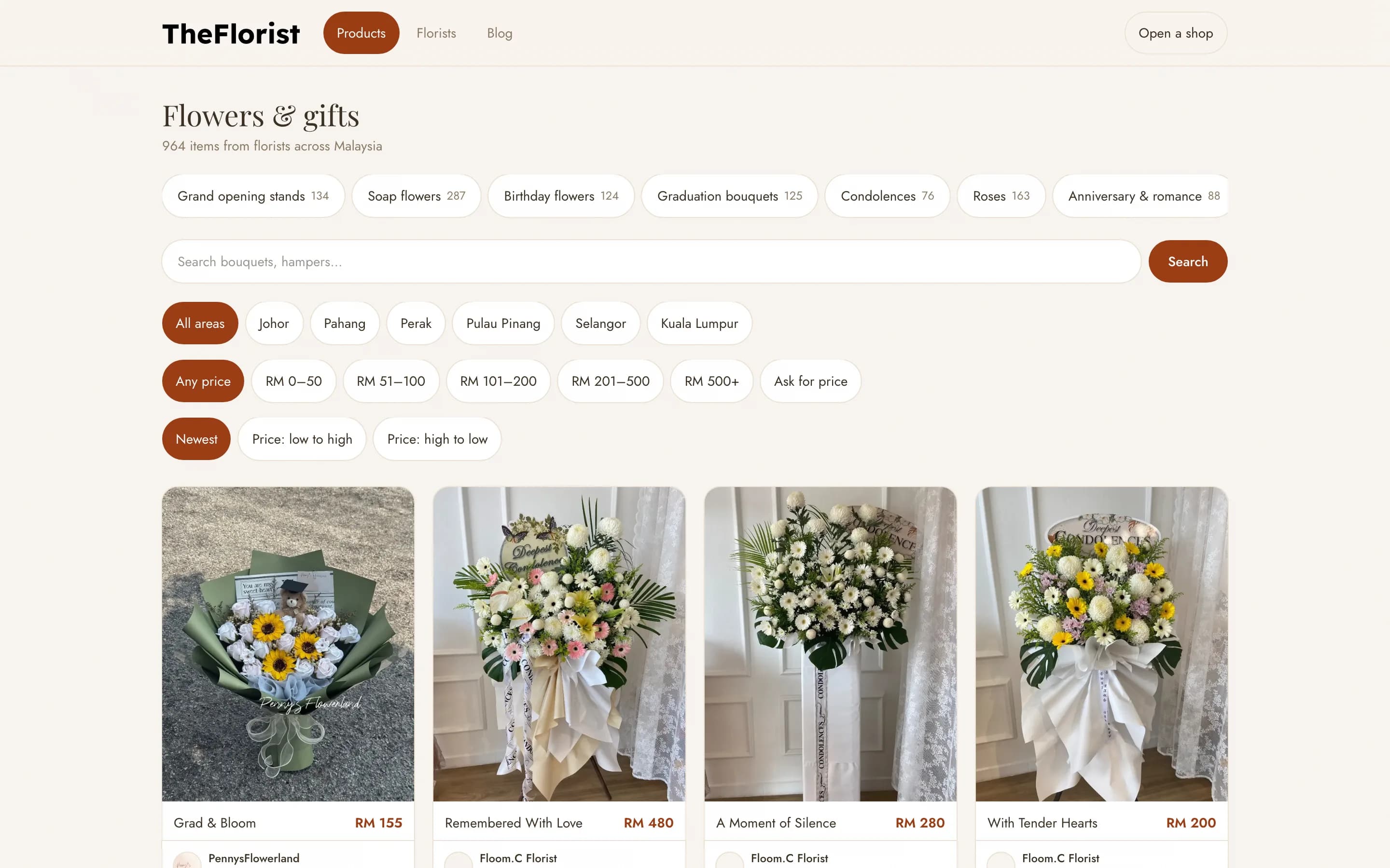 The Florist — flowers and gifts catalogue with prices from real florists