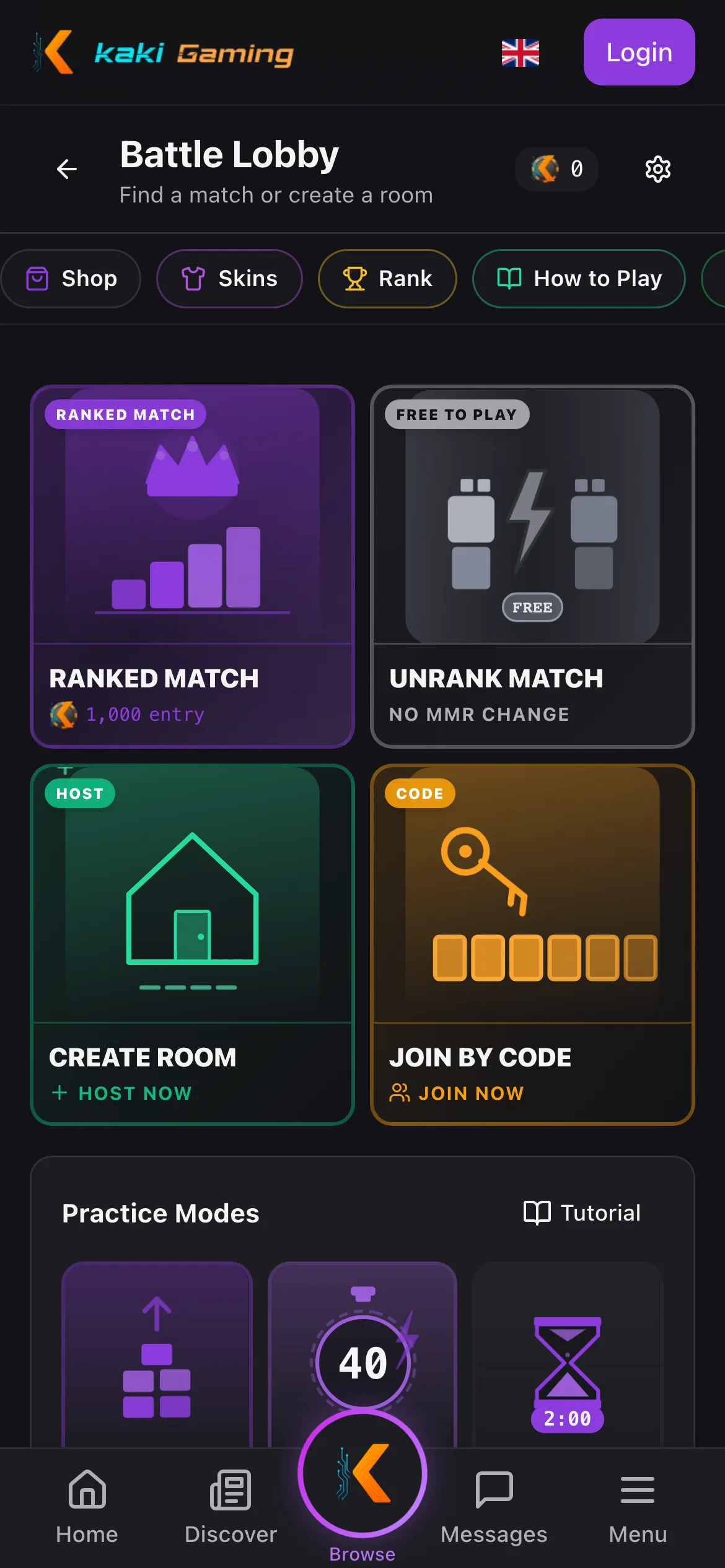 Kaki Gaming — Block Battle match lobby on a phone: ranked and unranked match, host a room, join by code