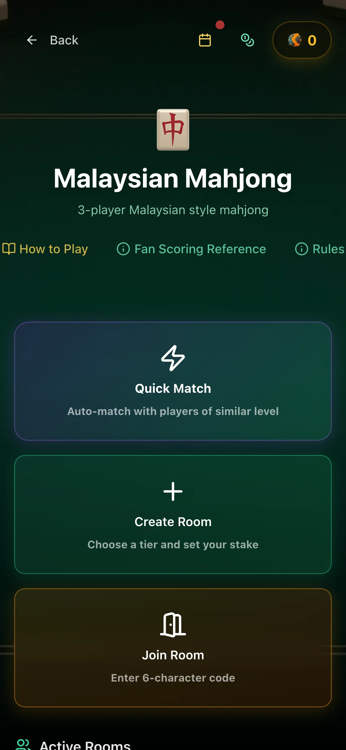 Kaki Gaming — Malaysian Mahjong game lobby on a phone: quick match, create room, join by code