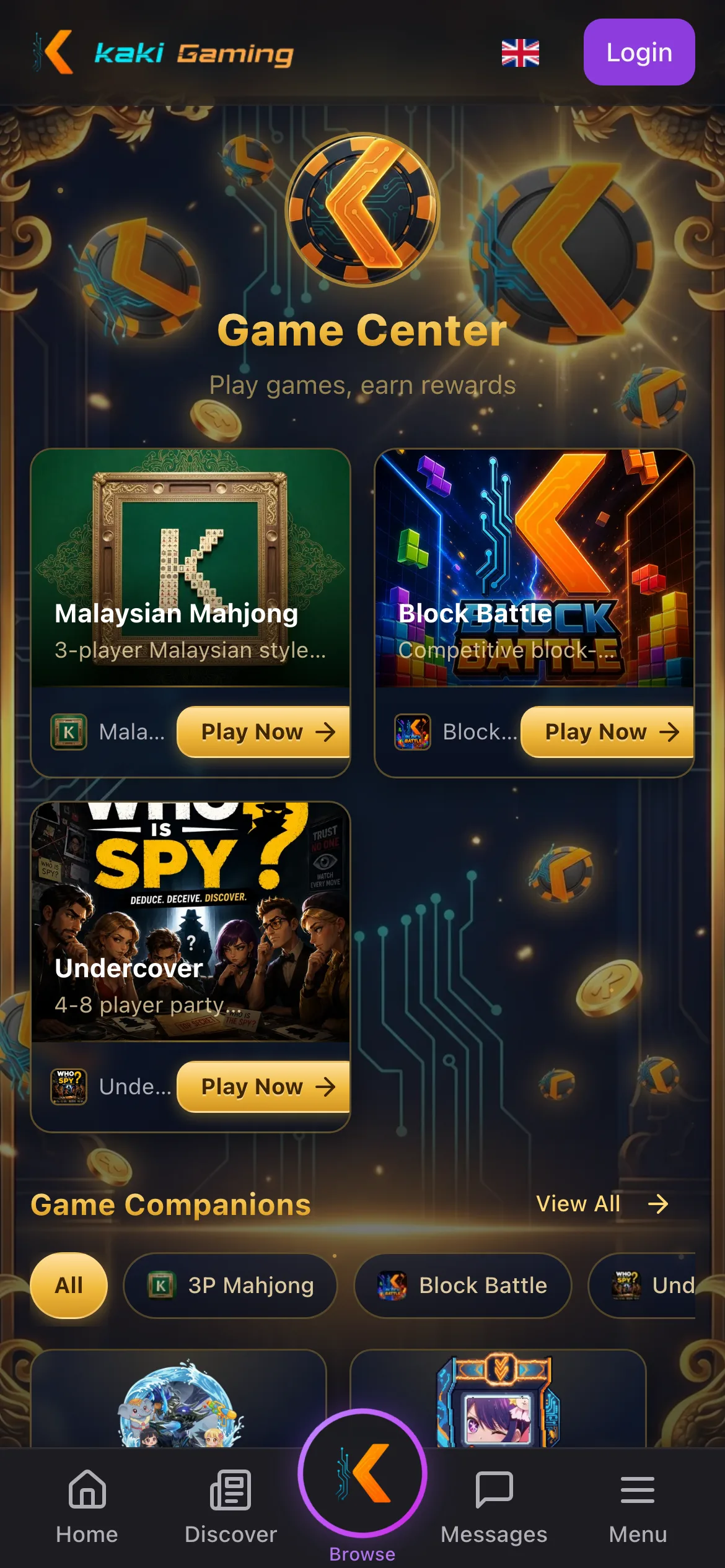 Kaki Gaming — mini-games page on a phone