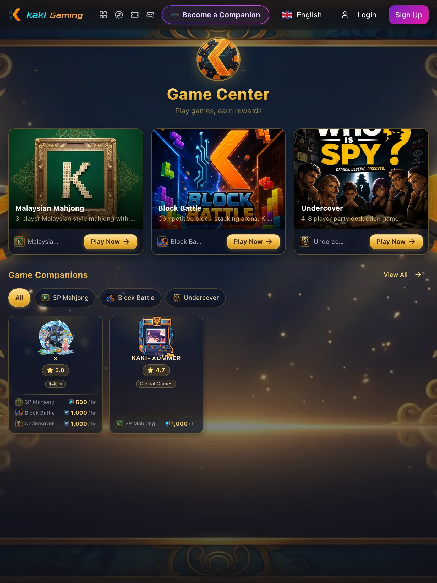 Kaki Gaming — mini-games page on a tablet